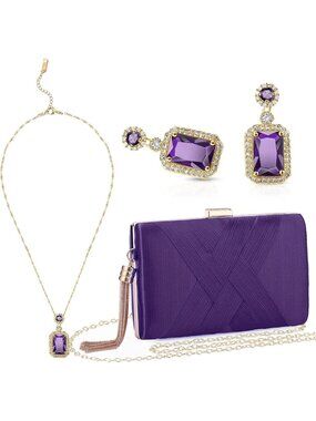 Women's Purple 3 Piece Clutch Purse Set Evening Handbag Jewelry Gifts